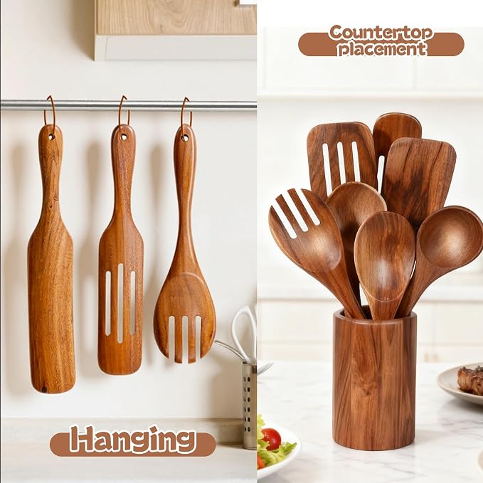 MYRAINBOW Wooden Spoons for Cooking, 10-Piece Teak Wooden Cooking Utensil Set with Holder, Nonstick, Heat Resistant Kitchen Utensils, Durable Wooden Cooking Spoons, Kitchen Cooking Gifts for Women Men - Image 6