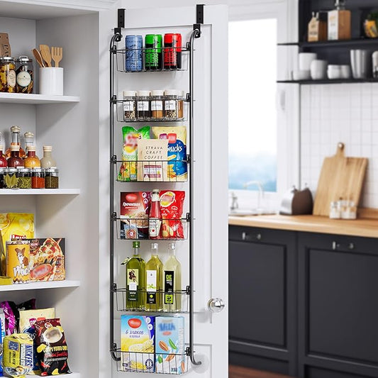 Delamu Narrow Over the Door Pantry Organizer, 6-Tier Metal Pantry Door Organization and Storage for Easy Install, Hanging Spice Rack Seasoning Shelves for Cabinet & Kitchen, D5 x W13 x H50 inch, Black by DELAMU