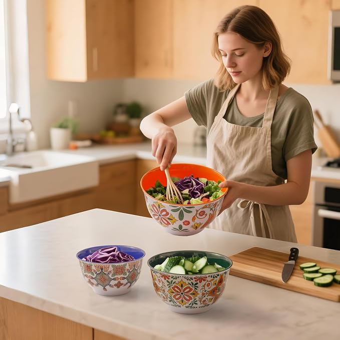 TP Melamine Mixing Bowl Set with Lids, Salad Bowl Set of 3, Aztec Bloom | Nesting Design,Break-resistant,Pasta & Salad Prep, Baking Prep, Space-saving Storage, Freezer Safe, Dishwasher Safe - Image 4
