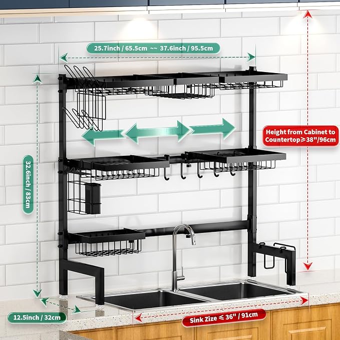 Over The Sink Dish Drying Rack,Expandable Length 3-Tier Large Stainless Steel Over The Sink Dish Rack with 6 Baskets, Utensil Holder Dish Drainers for Kitchen Counter | Stainless Steel, with 6 Baskets & Utensil Holder, for Kitchen Counter, Black - Image 7