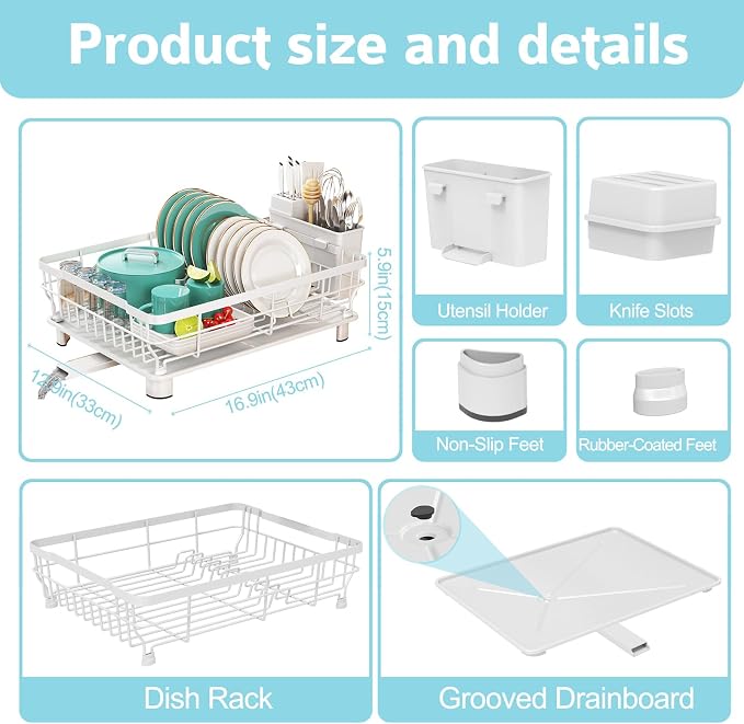 Dish Drying Rack - Space Saving Dish Rack - Dish Racks for Kitchen Counter with Drainboard,Rustproof Dish Drainer with Removable Utensil Holder,White - Image 6