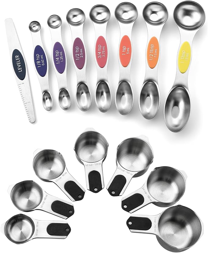 Spring Chef Dual Sided Magnetic Measuring Spoons Set, Mountain Sunrise, Set of 8 & Stainless Steel Magnetic Measuring Cups, Set of 7, Black - 2 Product Bundle by SpringChef