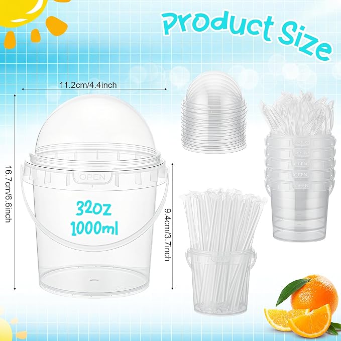 50 Pcs Bucket Cups Bulk Reusable Plastic Drink Buckets with Lids Dome Forks and Straws 32 oz Ice Cream Freezer Food Storage Containers for Popcorn Pail Outdoor Travel Beverage Party Picnic - Image 2