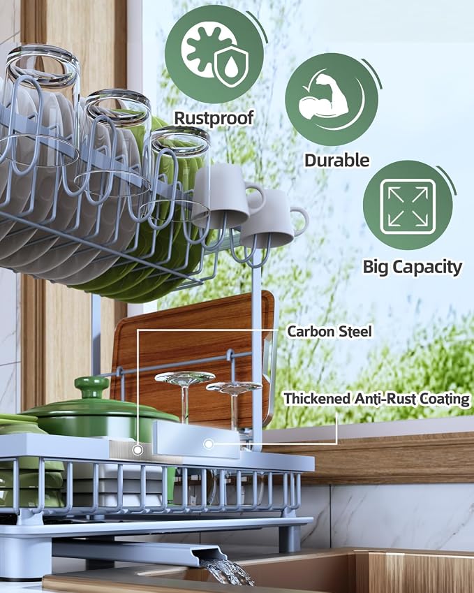 Dish Drying Rack 2-Tier Dish Racks with Drainboard, Rustproof, Space-Saving Dish Rack, Utensil & Cup Holder for Kitchen Counter, Blue - Image 4