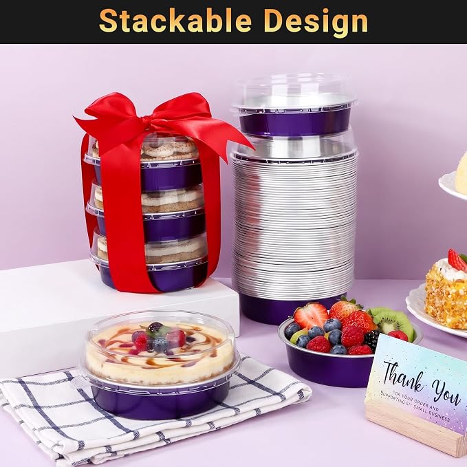 Beasea 4 Inch Pie Tins with Lids, 50 Pack 7.3 Oz Disposable Mini Tart Tins, Aluminum Foil Baking Tins Small Round Muffin Container Mini Cheesecake Cups for Pie Tart Quiche - Violet Purple - Image 4