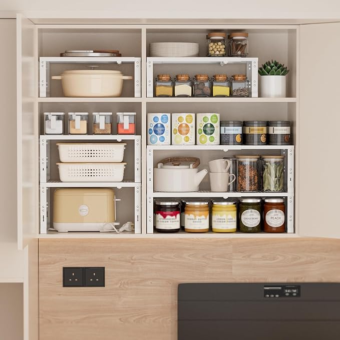 Heavy-Duty Adjustable Metal Shelf Organizer - Expandable & Stackable Pantry Storage Rack for Kitchen, Bathroom, RV, Cabinets(3 Packs/White,Medium) - Image 4