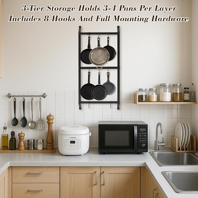 37” Pot and Pan Hanging Rack Wall Mounted, 3 Tier Iron Vertical Hanging Pan Organizer Shelf with 8 S Hooks Hanger for Kitchen Utensils, Space Saving Storage for Cookware - Image 3