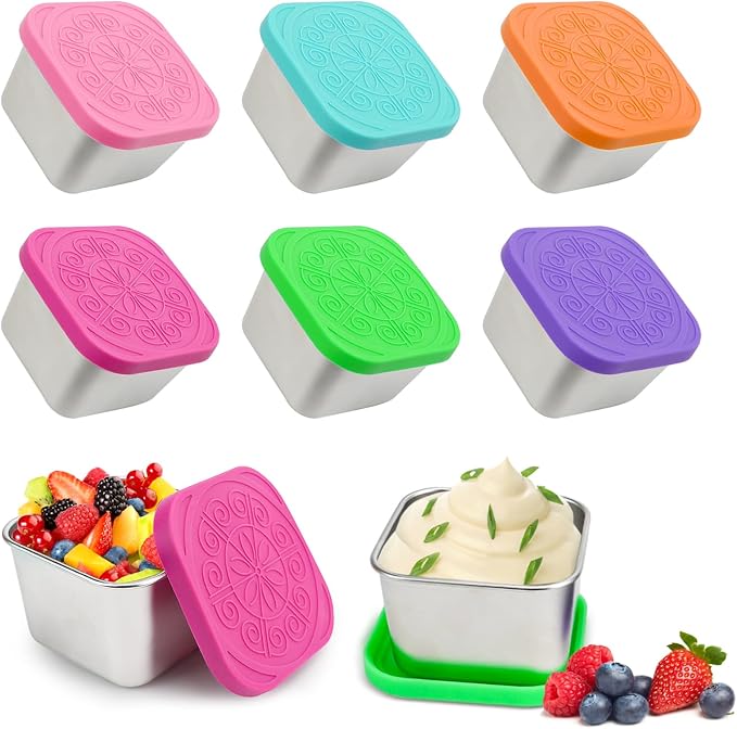 Pack of 6 Stainless Steel Small Food Containers, 180 ml Stackable Snack Pots with Leak-proof Silicone Lid, Reusable Food Storage Containers, Snack Boxes for Snack, Salad, Dressing by HAOTIAN-X