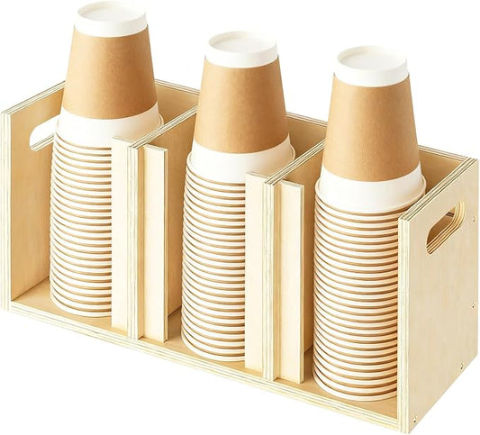 Wood Cup Lid Organizer 3 Compartments with Adjustable Dividers for Counter Wall Mount Disposable Cup and Lid Storage Kitchen Restaurants Fast Food Coffee Shop Supplies (15”W x 7”H x 4.7”D) by Sawjut