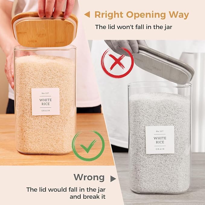 CZZGSM 2 Pack Square Glass Flour and Sugar Containers with 132 Kitchen Pantry Labels - Thicken 149 FL OZ Large Glass Storage Jars with Airtight Bamboo Lid - Big Food Canisters for Rice, Pasta, Cookie - Image 7