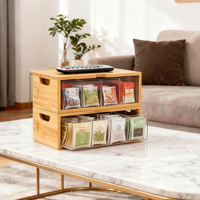 Bamboo Stackable Tea Bag Organizer, 2-Piece | Large Capacity, Box Set - Image 2