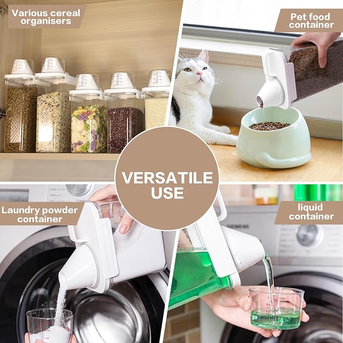 Air Tight Cereal Container Organizer Set of 6 - 1800ML & 2300ML Total 417oz, Dry Food Storage for Pet Food, Rice, Oatmeal with Pour Spout Lid and Plastic Small Measuring Cup for Flour and Sugar - Image 2