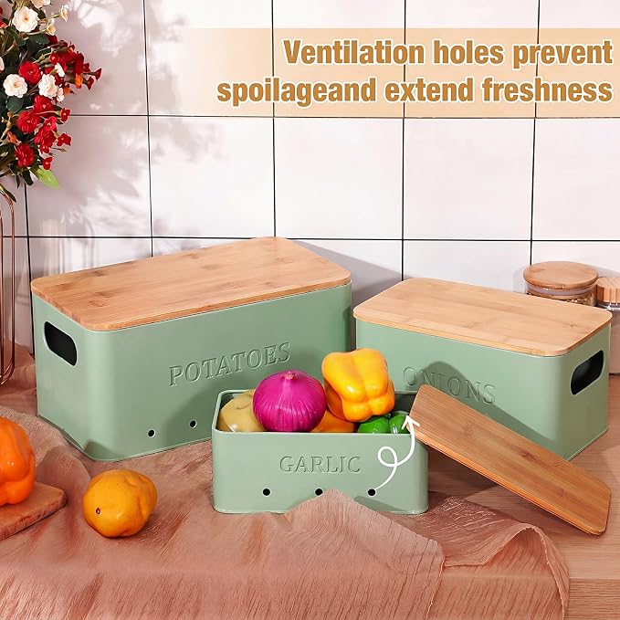 Honeydak 3 PCS Sage Green Potato Onion Garlic Storage Bins Set, Metal Vegetable Keeper Containers with Lids Aerating Holes for Kitchen Counter Pantry Keep Fresh Longer Farmhouse for Sweet-potato Fruit - Image 4