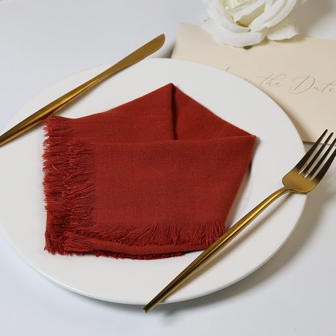 Handmade Cloth Napkins with Fringe,18 x 18 Inches Cotton Linen Napkins Set of 4 Versatile Handmade Square Rustic Fringe Napkins for Dinner, Wedding and Parties, Terracotta - Image 4