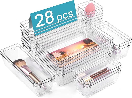 Vtopmart 28 PCS Clear Plastic Drawer Organizers Set, 4-Size Bathroom and Vanity Drawer Organizer Trays, Acrylic Storage Bins for Toiletries, Makeup, Cosmetic, Kitchen Utensils, Tool, Gadgets by Vtopmart