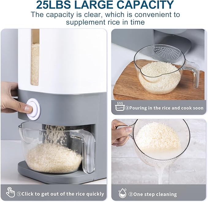Rubtlamp 22.5-25 Lbs Gray Rice Dispenser, Rice Container with Lid, Rice Storage Container with Measuring Cup, Food Dispenser Rice Container, Storage Container for Cereal, Household Rice Bucket - Image 4