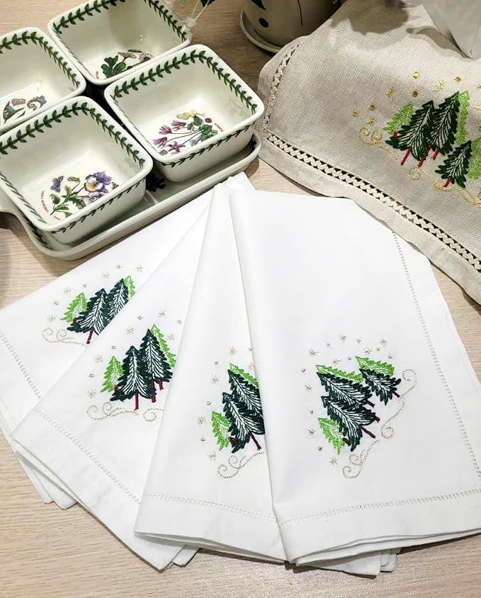Embroidered Cloth Napkin Christmas Trees Cotton Napkins Set of 6, 20x20 Hemstitch Table Napkins Machine Washable, Daily & Christmas, Great Present Ideas - Image 8
