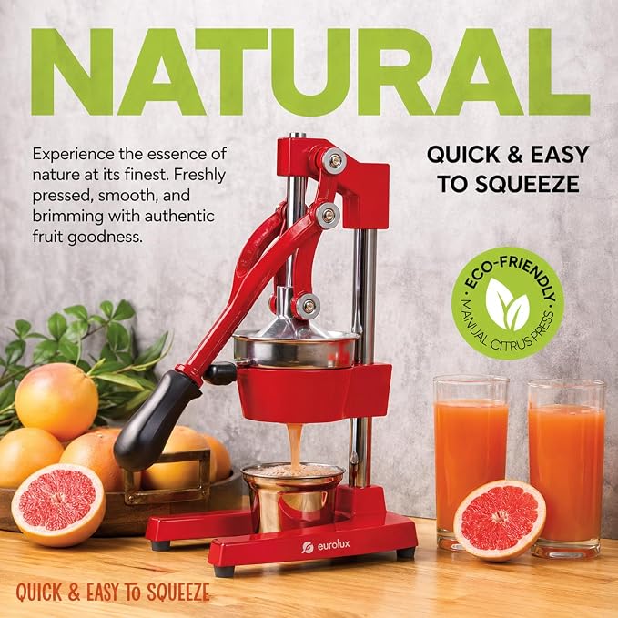 Eurolux Ultra-Premium Cast Iron Juicer | Extra-Large, Heavy Duty, Commercial Grade, Stainless Steel Manual Hand Press Citrus Squeezer For Fresh Orange Juice, Pomegranate, Lemon, and Much More (Red) - Image 5