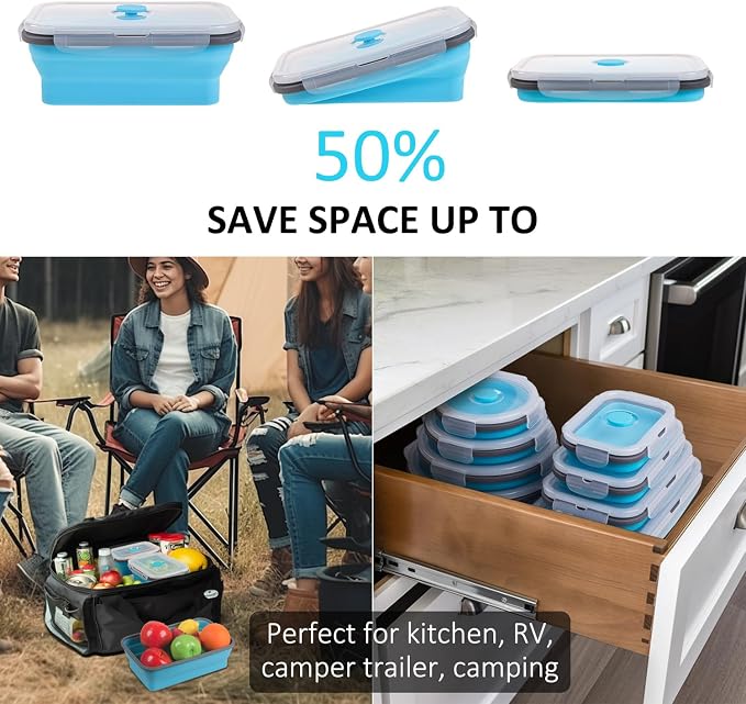 8 Pack Collapsible Food Storage Containers with Lids, Silicone Collapsible Food Containers, Collapsible Storage Containers Sets for Snack Camping RV, Microwave Freezer Dishwasher Safe, Blue - Image 3