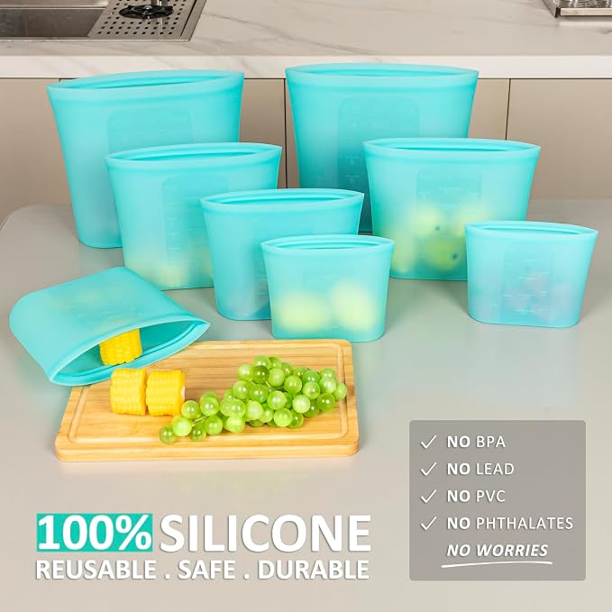 Reusable Storage Bag, 8 Pack 100% Silicone Food Storage Bags Stand Up Zip Lock Bags for Food Container, Freezer Microwave Oven Dishwasher Safe, 2 X-Large(0.8 Gallon) 2 Medium 2 Small 2 X-Small, Aqua - Image 2