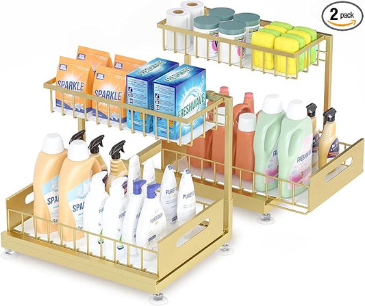 2-Pack L-Shaped Under Sink Organizer, 2-Tier Pull-out Cabinet Rack | Gold Height-Adjustable Steel Rack, Sliding Grid Drawers with PP Liners, Holds 100 Lbs, Suction Base, Ideal Kitchen Storage by Saydear