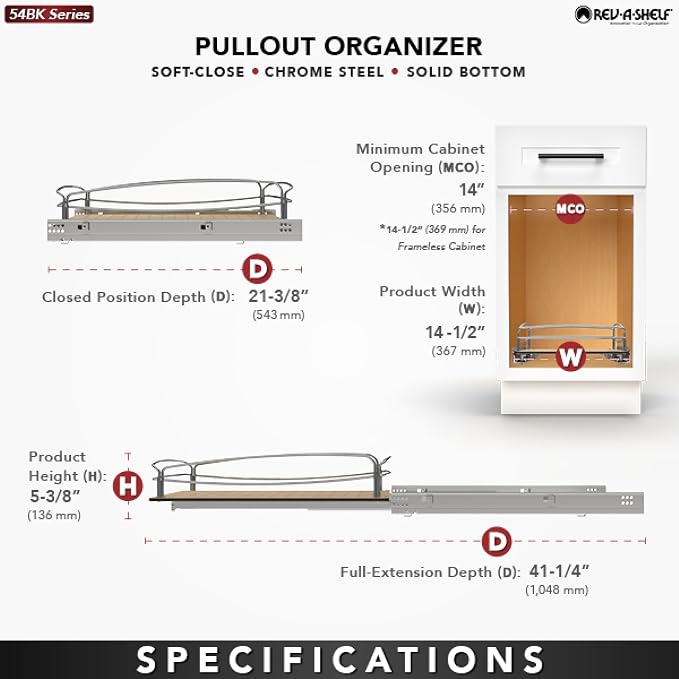 Rev-A-Shelf Pull Out Kitchen Cabinet Storage Organizer with Solid Bottom and Undermount Soft-Close Full Extension Slides, 54BK-15SC-1 - Image 5