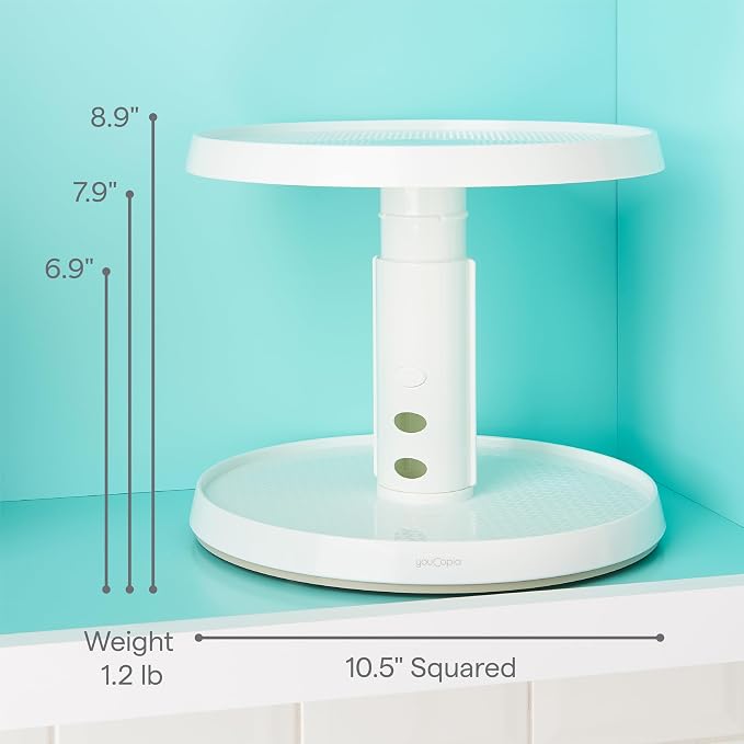 YouCopia Crazy Susan Two-Tier Turntable, Height-Adjustable Lazy Susan Organizer for Kitchen Cabinet and Pantry Organization and Storage, White - Image 4