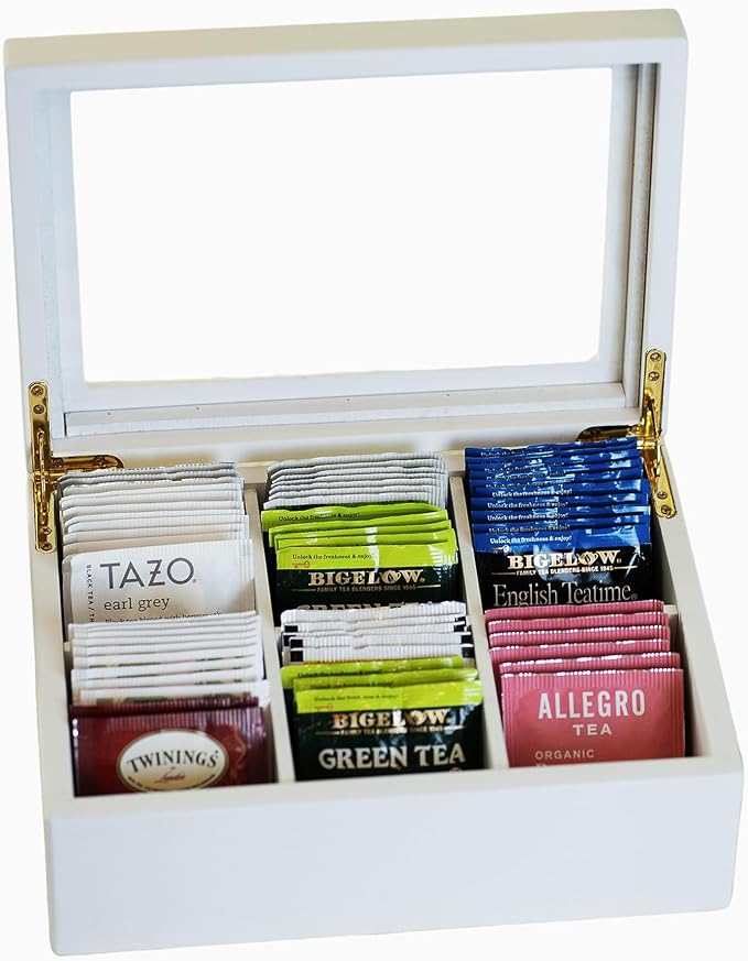 Break Tradition Wooden Tea Organizer For Tea Bags - Wooden Tea Chest With 6 Compartments - Clear Top Window - Lid Stays Open (White) by BreakTradition