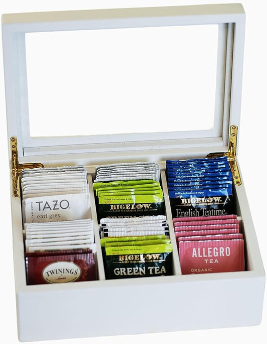 Break Tradition Wooden Tea Organizer For Tea Bags - Wooden Tea Chest With 6 Compartments - Clear Top Window - Lid Stays Open (White) by BreakTradition