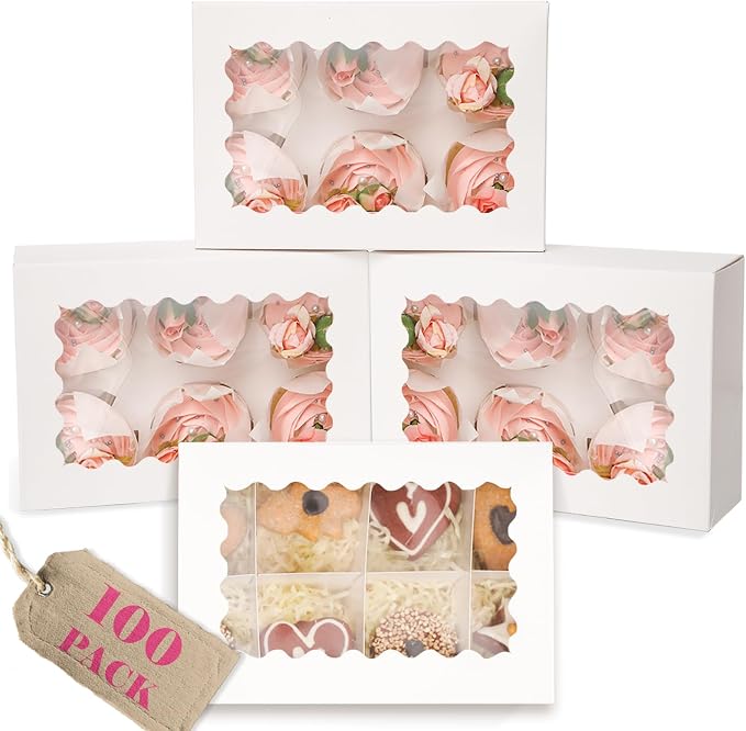 qiqee Auto-pop Up Cupcake Boxes with Window White 100PCS 6 Count Cupcake Box 9.4"x6.1"x3" Cupcakes Carrier, 6 Cupcake Containers by Qiqee