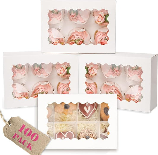 qiqee Auto-pop Up Cupcake Boxes with Window White 100PCS 6 Count Cupcake Box 9.4"x6.1"x3" Cupcakes Carrier, 6 Cupcake Containers by Qiqee