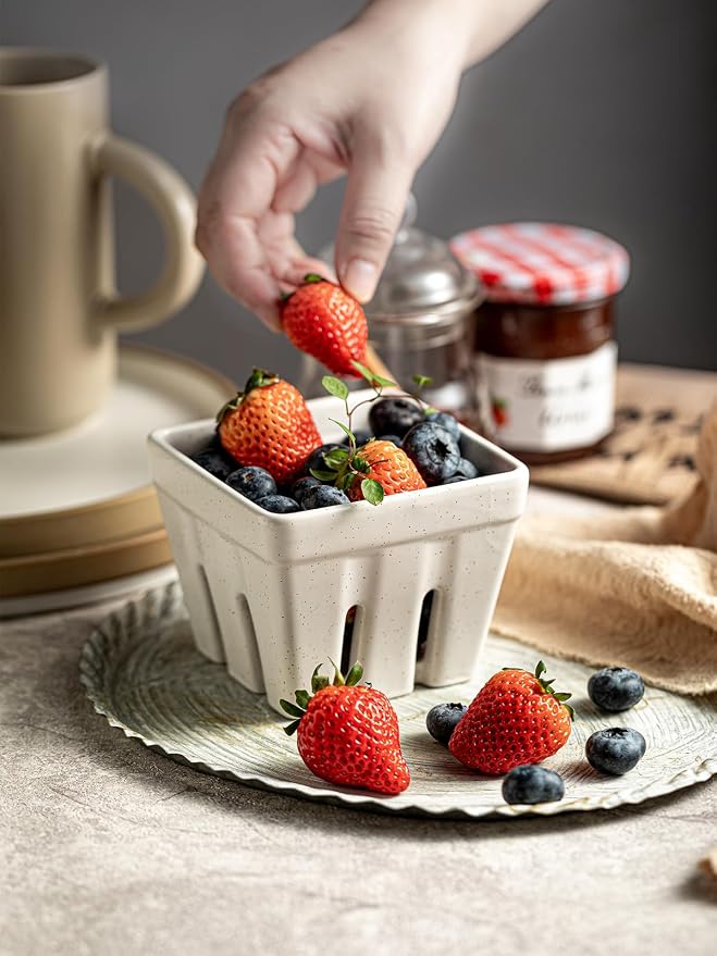 Gomakren Berry Bowl Set of 2, Ceramic Berry Basket, Square Fruit Bowls with Holes, Rustic Fruit Basket Containers for Kitchen Fridge, Berries, Strawberry, Grape, Cherry, Cream White - Image 7