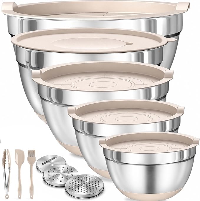 Four Flowers Heavy-Duty Mixing Bowls Set with airtight lids – 11 PCS Stainless Steel Nesting Kitchen Bowls, Mixing Bowls with Non-Slip Bottoms and Grater Attachment, Best for Mixing and Serving by FourFlowers