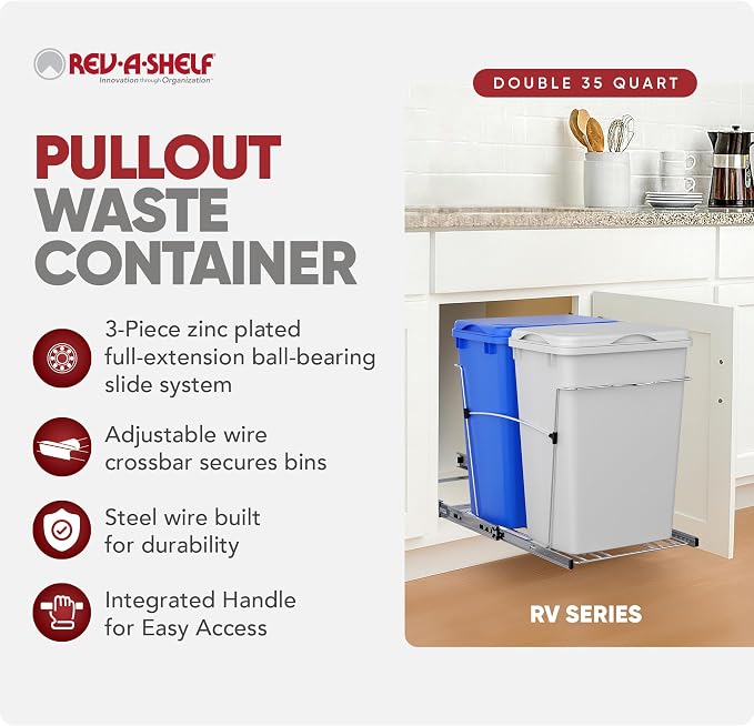 Rev-A-Shelf Double Pullout Garbage Trash Cans for Kitchen Cabinets, 35 Qt | Large Capacity Waste/ Recycling Bins, Heavy Gauge Wire Construction, with Full Extension Slides, Blue/White, RV-18KD-11RC-S - Image 2