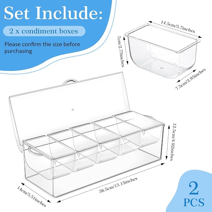 2 Pieces 5 Chilled Condiment Server with Hinged Lid Condiment Tray with Ice Chamber Cooled Compartment Container Caddy Organizer Removable Dishes for Salad Fruit Cheese Outdoor Party Bar Supplies - Image 2