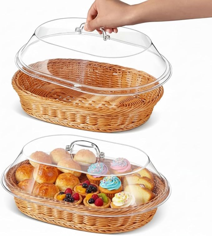 Hushee 2 Set Imitation Rattan Bread Basket with Lid Wicker Bread Baskets for Serving Woven Fruit Basket with Cover Oval Food Baskets for Food Vegetables Display(15.75 x 11.81 Inch) by Hushee