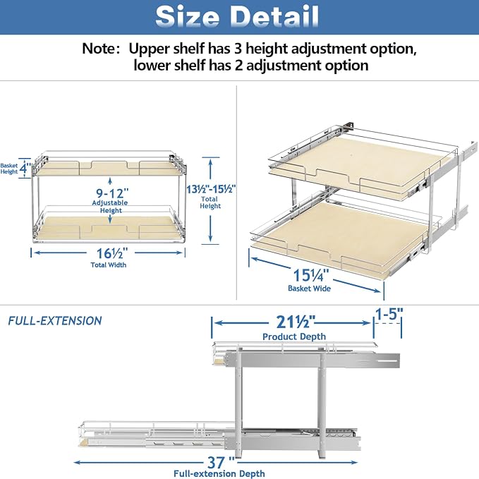 ROOMTEC 2 Tier Individual Pull Out Cabinet Organizer 16½"W x 21½"D, Slide Out Wood Shelves Organizers, Pull Out Drawers Organization and Storage for Kitchen Cabinet - Image 3