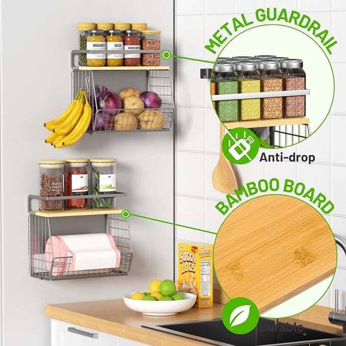 Magnetic Shelf for Fridge with Wood Lid, Fruit Potato and Onion Storage Bins, Pantry Organizers & Storage, Large Container Magnetic Spice Rack for Refrigerator, Kitchen Counter (Silver-gray, 2) - Image 2