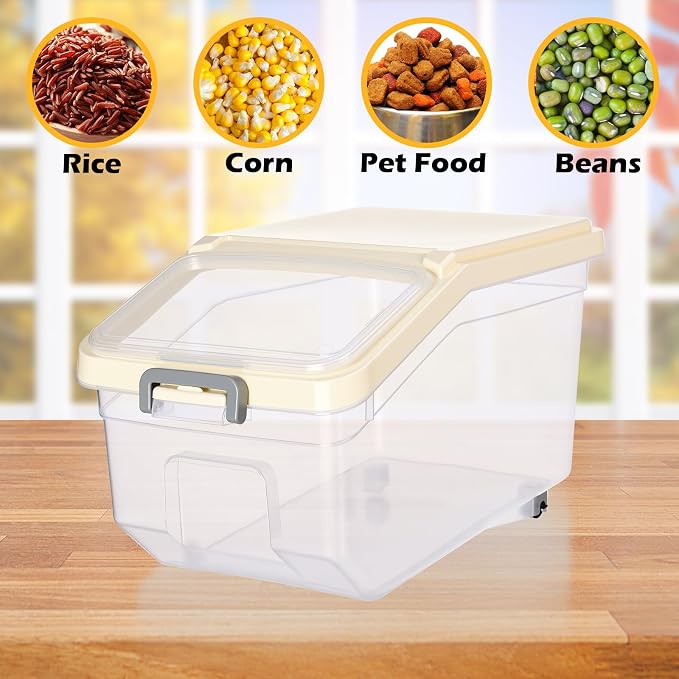 4 Pcs Rice Storage Containers Bulk Flour Sugar Container Wheels Measuring Cups Set Airtight Pet Dog Cat Birds Food Bin Grain Cereal Organizer Box for Dry Baking(Beige,22 lb) - Image 5