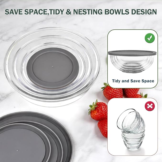 Glass Mixing Bowls with Lids Set of 4,Glass Bowls with Lids Large Mixing Bowl Salad Bowls Space-Saving Nesting bowls Serving bowls Storage Container for Cooking,Baking,Prepping - Image 6