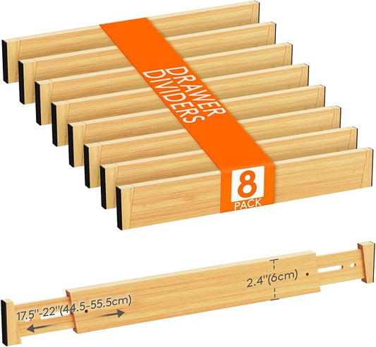 Lifewit 2.4" High 8 Pack Bamboo Drawer Dividers 45-55cm/17.5-22" Adjustable Wooden Drawer Organizer for Clothes/Utensils, Expandable Drawer Separator for Dresser/Kitchen/Bedroom/Office Organization by Lifewit