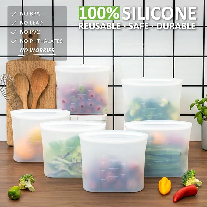 100% Silicone Reusable Storage Bag Quart Size, 9 Pack Stand-Up Wide-Mouth Zip-Lock Food Storage Bags, Easy-Fill Easy-Open Easy-Clean Space-Saving, Microwave & Dishwasher Safe, 34oz, Translucent - Image 2