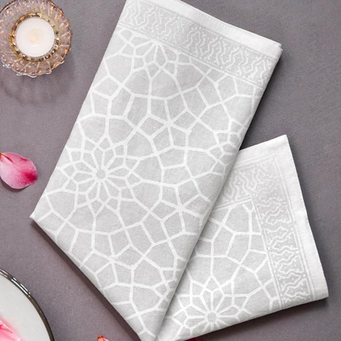 100% White Cotton Dinner Napkins, Set of 6, Hand Printed Royal Mansour Design, Fair Trade, Washable Cloth Napkins for Parties & Cocktails 20x20 in by SaffronMarigold