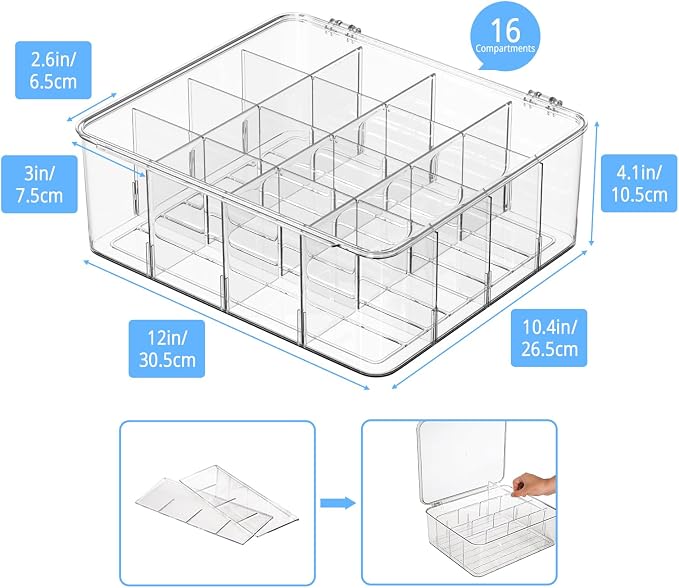 Tea Bag Organizer with Lid: Plastic Storage Bin - 16 Compartments with Removable Dividers, Stackable Pantry Storage Box for Drawers, Countertops, Fridge, Kitchen (2 Pack) - Image 3
