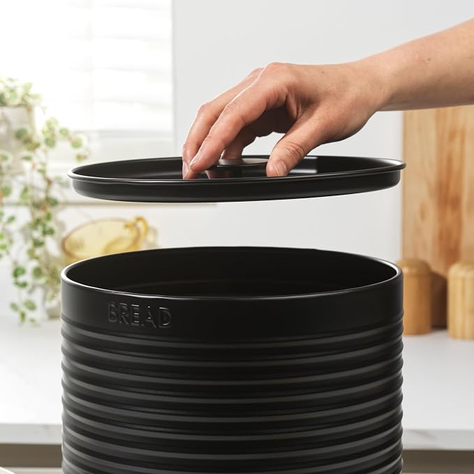 Russell Hobbs Ribbed Round Bread Bin – Metal Bread Box, Large Kitchen Canister, Countertop Storage/Organisation, Durable Powder-Coated Steel, Pull Top Lid, Easy to Clean, Ribbed Design, Black - Image 3