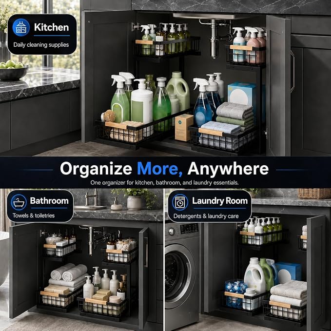 Under Sink Organizer 2 Pack, Double Slide Out Metal Shelf, Black | Pull Out Kitchen Storage Cabinet Organizer, 2-Tier Under Sink Storage Rack for Bathroom Laundry Kitchen Storage with Drawer - Image 4