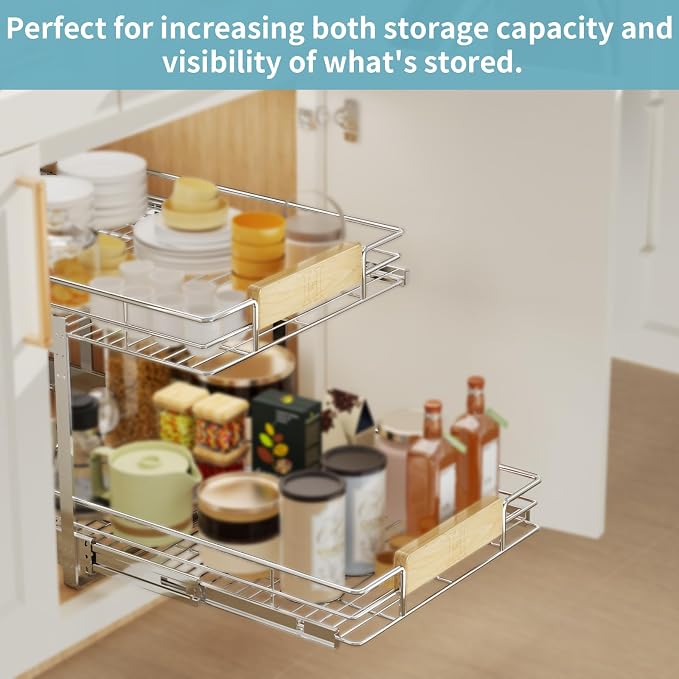 LOVMOR 2 Tier Pull Out Cabinet Organizer 16½" W x 21½" D, Slide Out Drawers with Wooden Handle, Sliding Shelves Organization and Storage for Kitchen, Pantry - Image 6
