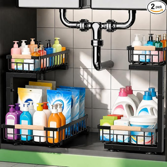 Under Sink Organizer 2 Pack, Double Slide Out Metal Shelf, Black | Pull Out Kitchen Storage Cabinet Organizer, 2-Tier Under Sink Storage Rack for Bathroom Laundry Kitchen Storage with Drawer by Unknown