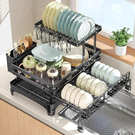 2 Tier Dish Drying Rack, Expandable Dish Rack for Kitchen Counter with 360° Swivel Auto Drain Spout, Large Capacity Dish Drainer with Detachable Utensil Holder, Carbon Steel Kitchen Organizer by Unknown