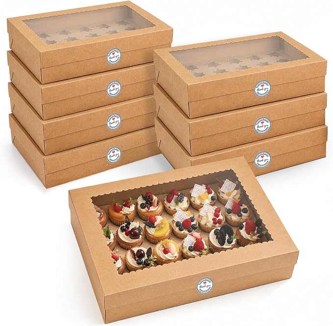 24 Count Corrugated Cupcake Boxes, 8 Pack White Cupcake Containers with Windows, Disposable Cupcake Carriers for Muffins, Treats, Pastries, 19 x 14 x 3.9 Inches (Brown, 24Count /8Pcs) - Image 2